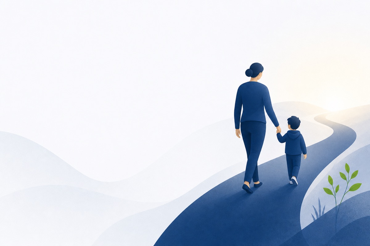 Illustration: Ein Elternteil und ein Kind gehen Hand in Hand einen Weg entlang Richtung Horizont