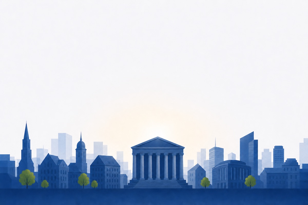 Illustration: Stadtsilhouette mit Gerichtsgebäude