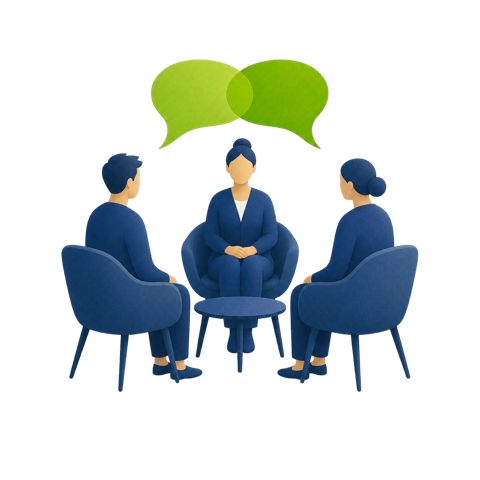 Illustration: Mediationsgespräch mit drei Personen und Sprechblasen