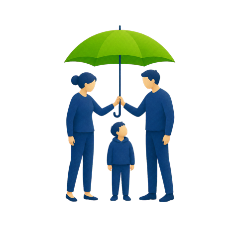 Illustration: Zwei Eltern halten gemeinsam einen Schirm über ihr Kind