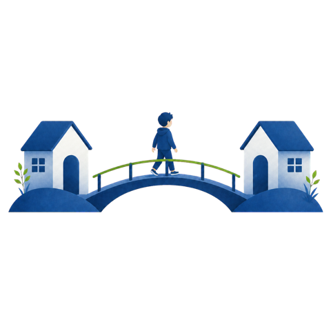 Illustration: Ein Kind geht über eine Brücke zwischen zwei Häusern
